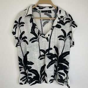 Tahari 100% Linen Palm Leaf Print Collared Top Coastal Grandmother XL